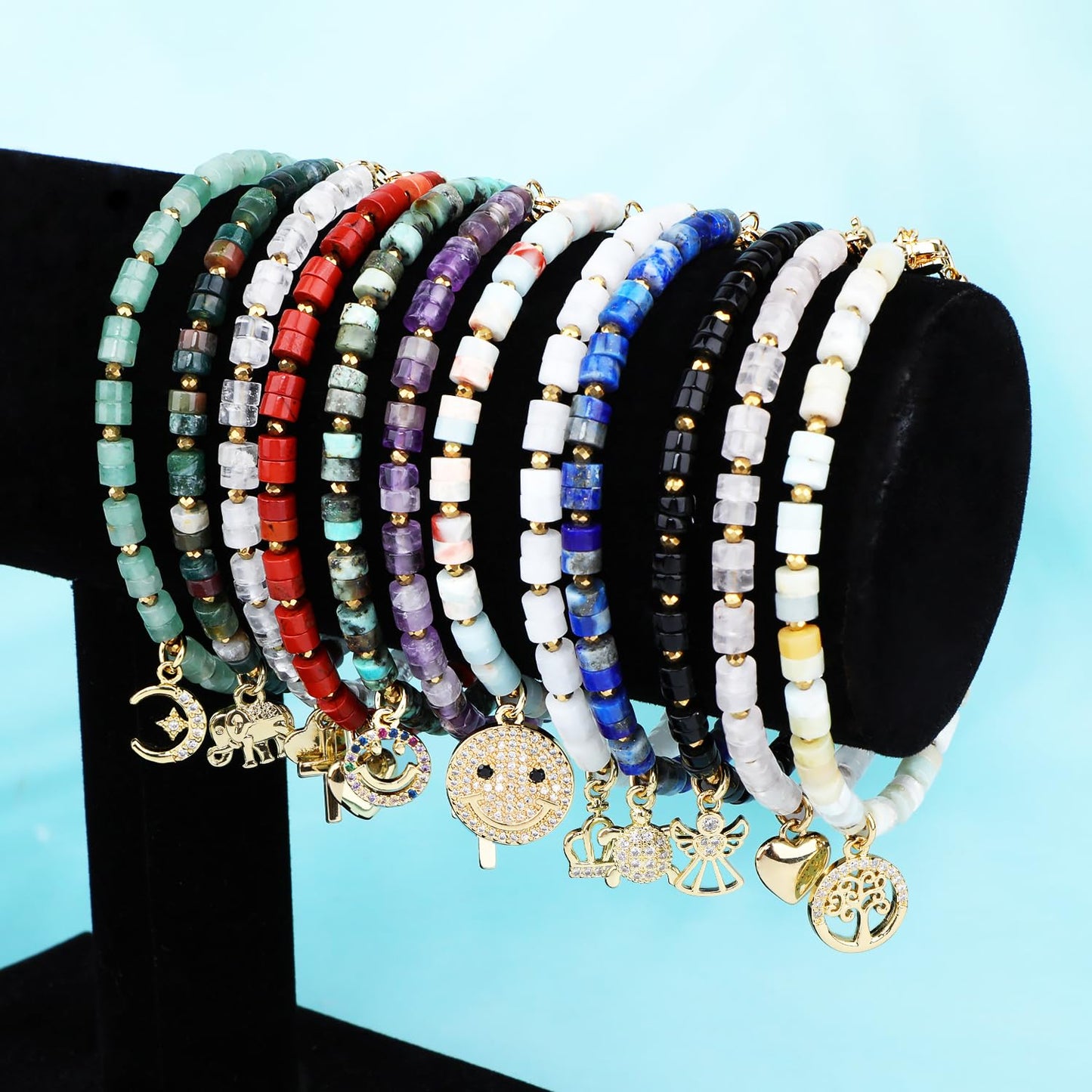Natural Gemstone Healing Crystal Indian Agate Dainty Charms Elephant Bracelet Adjustable Chain Extender Minimalist Jewelry