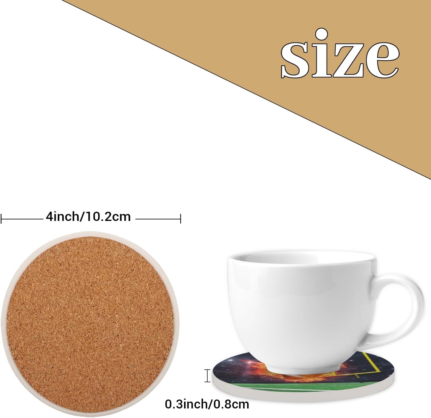 Ceramic Coasters for Drinks with Cork Back, Clean Soccer Display (2) 4 Inch Absorbent Coaster Set 1 Pack, Quick Dry Non-Slip Coaster Mats for Home, Office, Bar