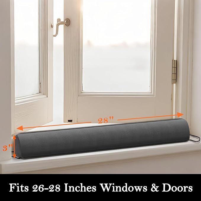 Sunolga Door Draft Stopper Blocks Hot and Cold Air with Removable Washable Cover for Bottom of Door and Window, All-Season Seal for Wind, Noise, Seal for Gaps Up to 3", Home Essentials, 28", Gray