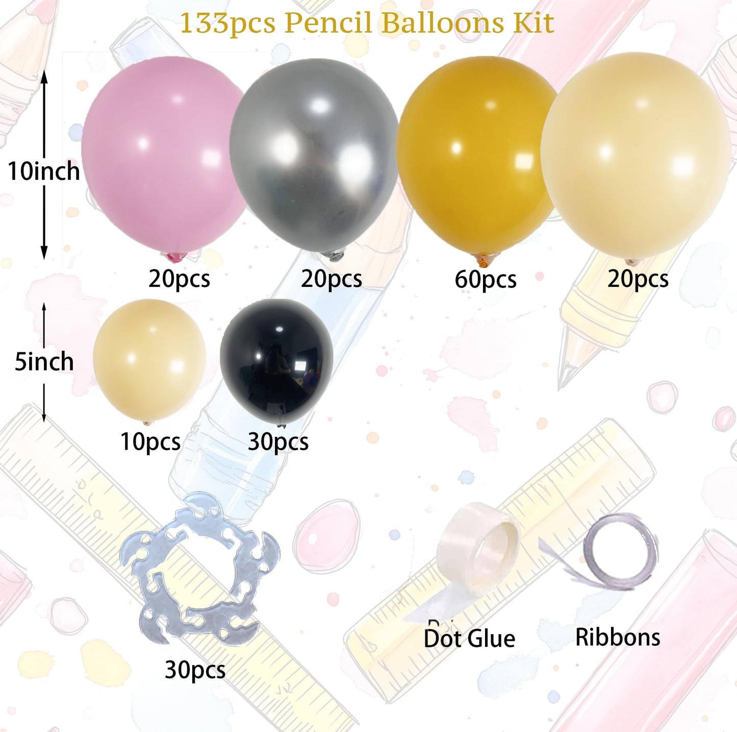 PartyXpress 192PCS Pencil Balloon Arch Garland Kit for Back to School Garland, Welcome Back Party Supplies Decor, First Day of Kindergarten Decorations, Teacher Graduation Party