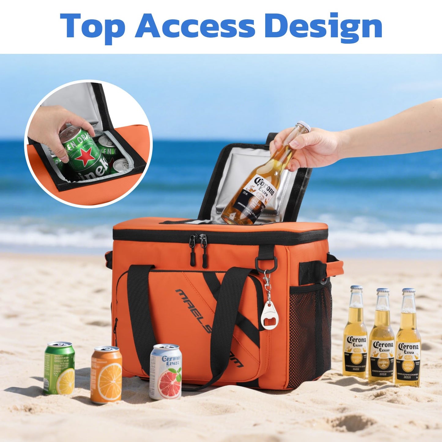 Maelstrom 30 Can Large Leakproof Soft Cooler Bag, Insulated Collapsible Ice Chest with Bottle Opener, Portable for Beach, Camping, Travel & Shopping (Orange)