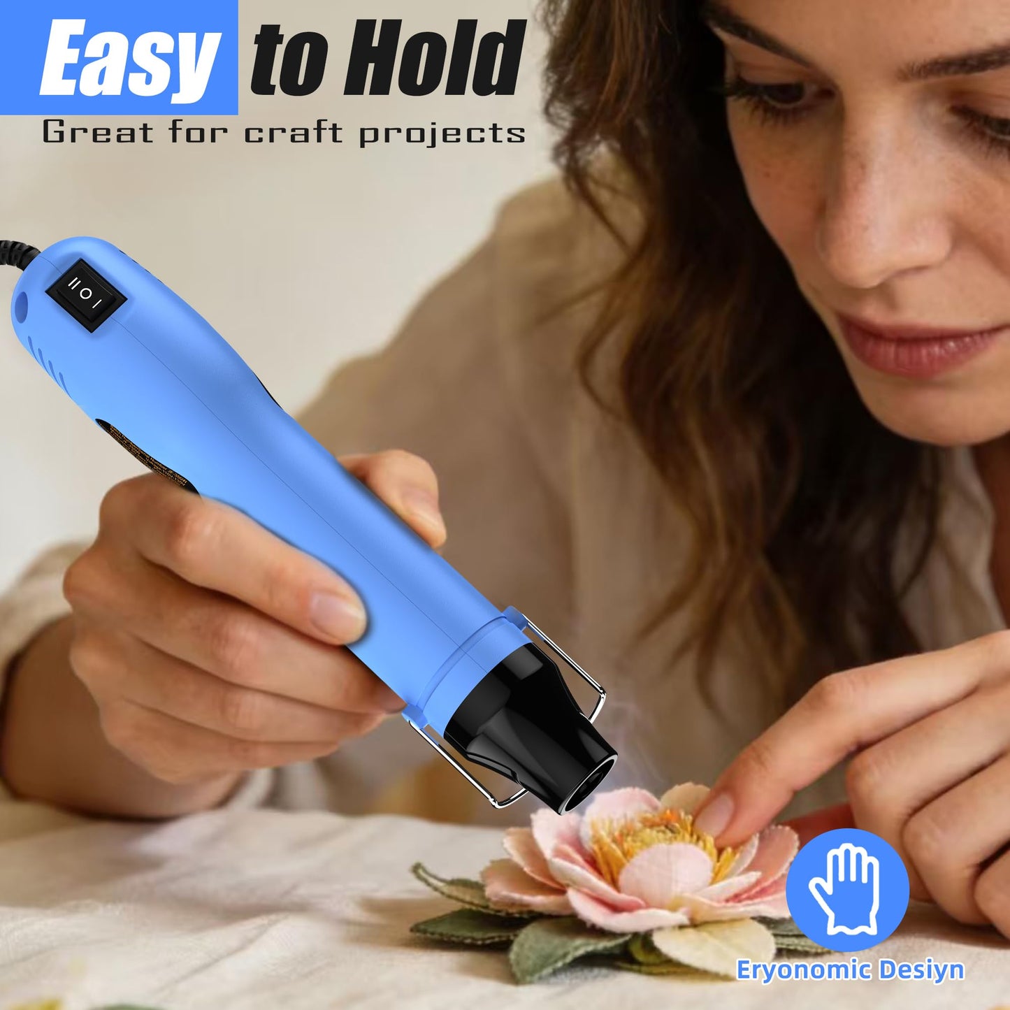 330W Mini Heat Gun, 250℃/350℃ Dual Temp Fast Heat Hot Air Gun with Overload Protection, Reflector Nozzle and Double Insulated 1.5m Cable for Heat Shrink Tubing, Crafts, Embossing