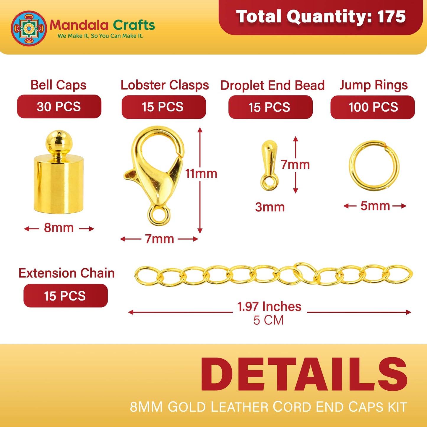 Mandala Crafts Gold Tone Leather Cord End Caps for Jewelry Making, Tassel Caps, 10mm 100 PCs Cylinder Cord Ends, Kumihimo Supplies and Jewelry Findings