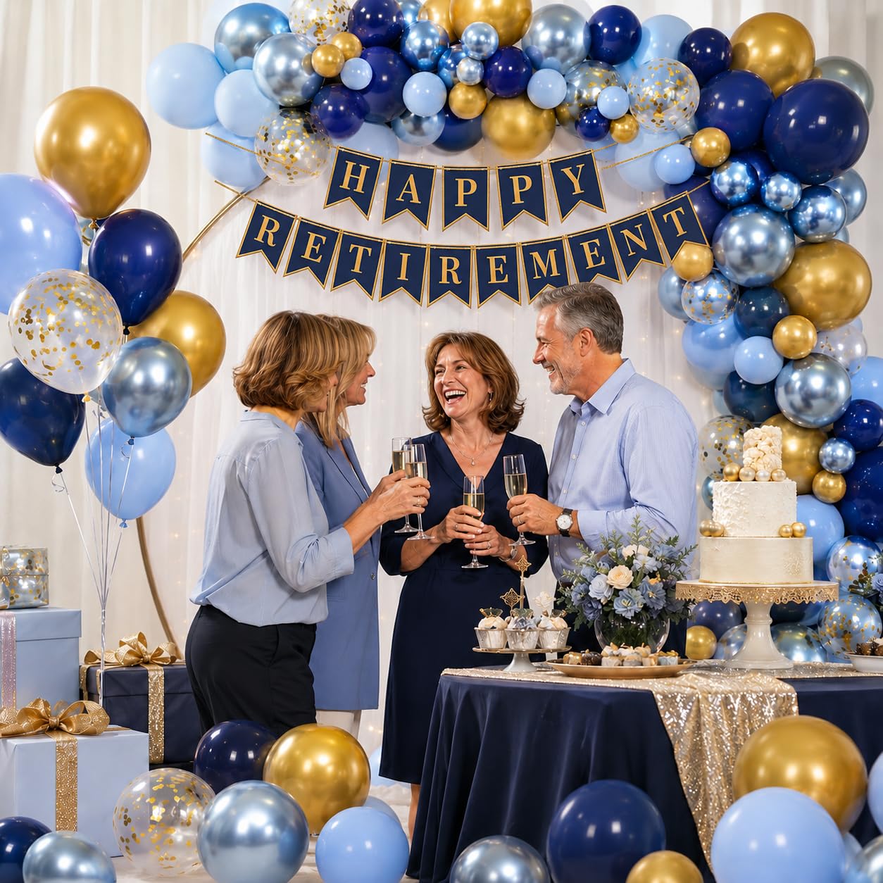 Blue Gold Balloons Garland Arch Kit, Navy Blue Light Blue Metallic Gold Blue Balloon Arch Kit, Macaron Blue Gold Confetti Balloon for Birthday Wedding Graduation Baby Shower Party Decorations