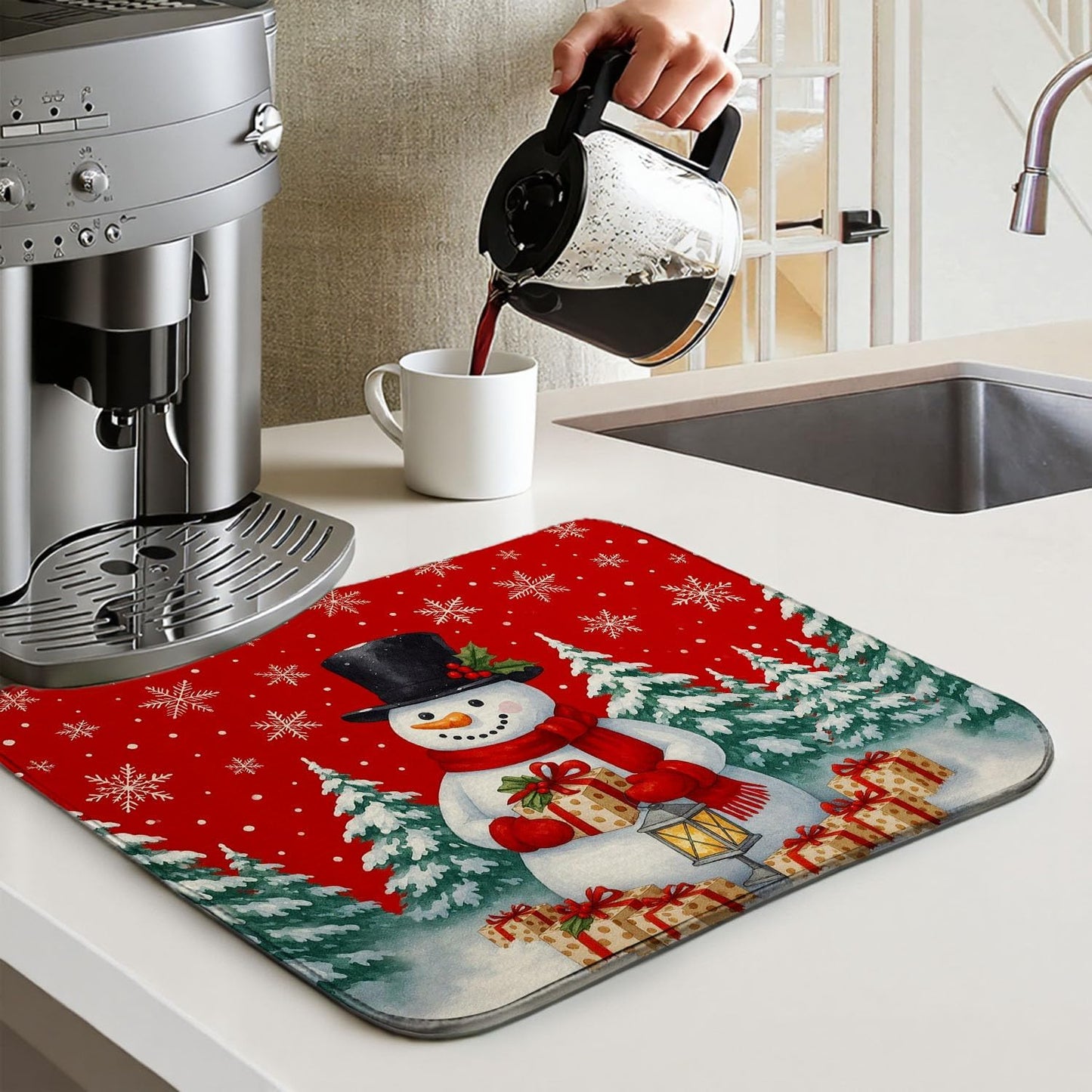 Red Christmas Drying Mat for Kitchen Counter 16" X 18" Christmas Dish Drying Mat for Kitchen Decor Snowman Xmas Drying Mats For Home Counter Drying Mats For Dishes Dish Mat Drying Mat