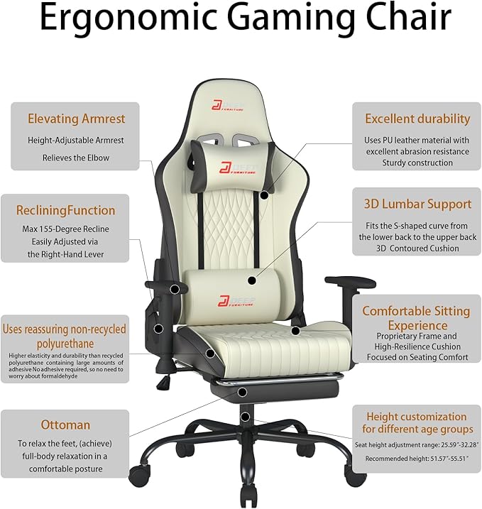 Video Game Chair with Footrest Ergonomic Comfortable Gaming Office Chair Height-Adjustable with a 360° Swivel Base and Headrest(1002-White)