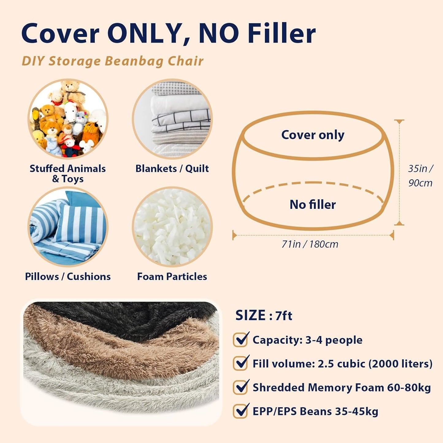 Large Bean Bag Covers Only, Fluffy Stuffed Beanbag Chair Covers No Filler, Washable Bean Bags Cover for Adults, Stuffed Animal Bean Bag Anti-Slip, 7FT, Blue