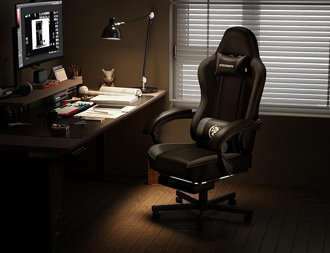 Gaming Chair for Adults with Footrest and Lumbar Support, Height Adjustable Game Chair with 360°-Swivel Seat and Headrest and for Office or Gaming (Black and Grey)