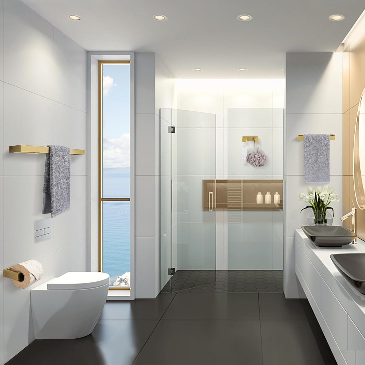 Lairuier Bathroom Hardware Accessories Set, Brushed Gold 4-Piece Bathroom Hardware Set Including Towel Bar,Towel Holder, Toilet Paper Holder, Towel Hook, Stainless Steel Bath Towel Bar Set