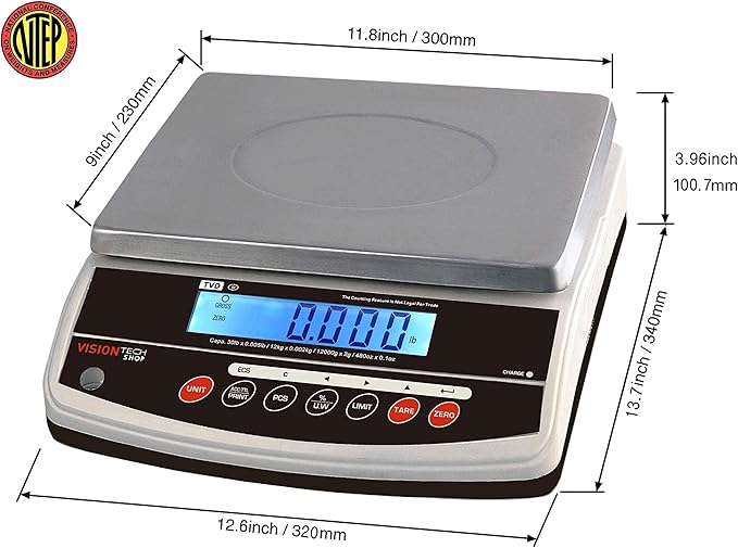 VisionTechShop TVD-30 Digital Bench and Counter Scale, Lb/Oz/Kg/g Switchable, 30lb Capacity, 0.005lb Readability, Counting and Percentage Mode, Single Display, NTEP Legal for Trade, CC# : 20-032