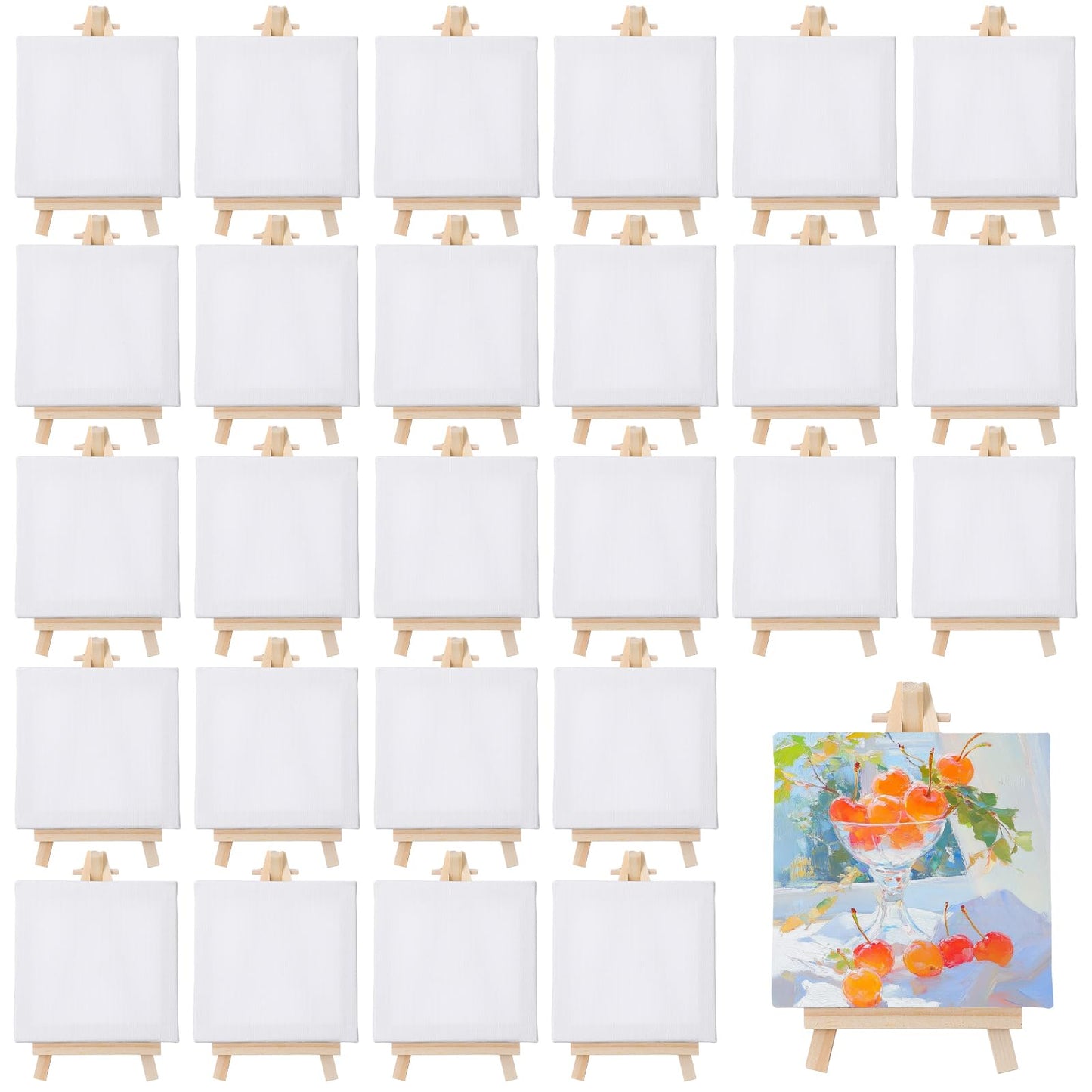 Giloaou 32 Pcs Mini Canvas and Easel Set, 4 x 4 Inch Canvas Panels with 6 Inch Wooden Easels, Art Canvases Painting Kit for Oil Acrylic Painting, Home Decor, Party Favors, Gifts
