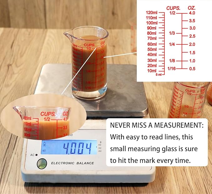 Ackers 4oz Glass Measuring Cup – Shot Glass with Ounce,Ml,Cups Markings for Kitchen & Bar(Red Line)