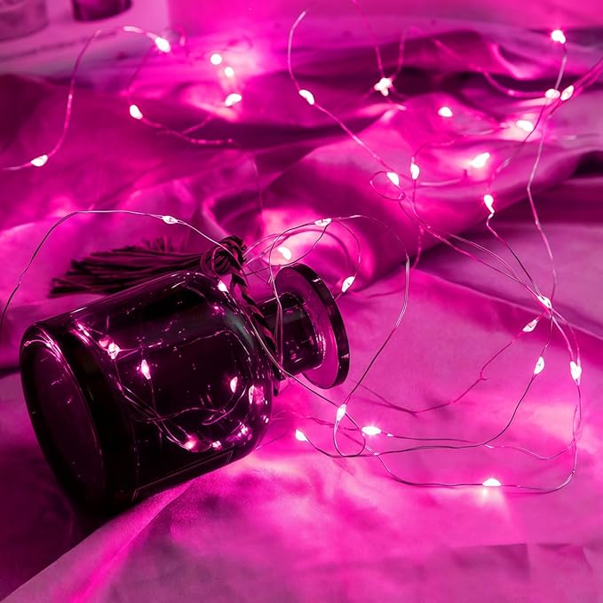 WATERGLIDE 12 Pack Valentine's Fairy Lights Battery Operated (Included), 7 ft 20 LED Mini String Lights, Waterproof Silver Wire Firefly Starry Light for DIY Wedding Party Mason Jars Decor, Pink