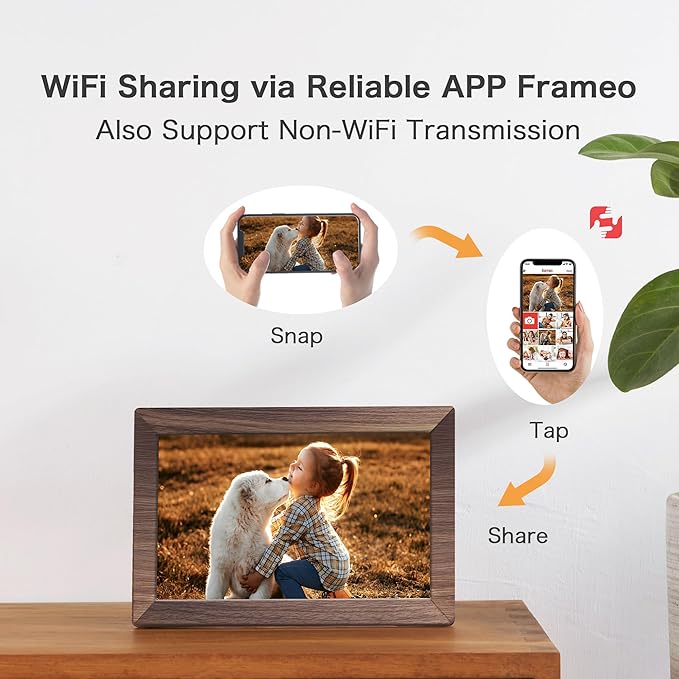 Digital Picture Frame, Frameo WiFi 10.1 Inch 1280 * 800IPS Touch Screen Digital Photo Frame, 32GB Memory, Auto-Rotate, Share Videos Pictures, Birthday Gift for Friend, Family, Wood Color Plastic Frame