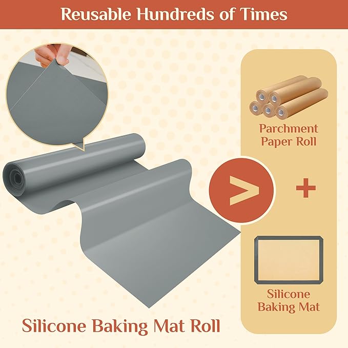 Silicone Baking Mat, 24 IN x 6 FT Free Cutting Baking Sheet,Non-Stick Reusable Dough & Pastry Mat,Non-Slip Silicone Mat Roll for Air Fryer Liner,Freeze Dryer,Oven Baking Pan,Kitchen Counter