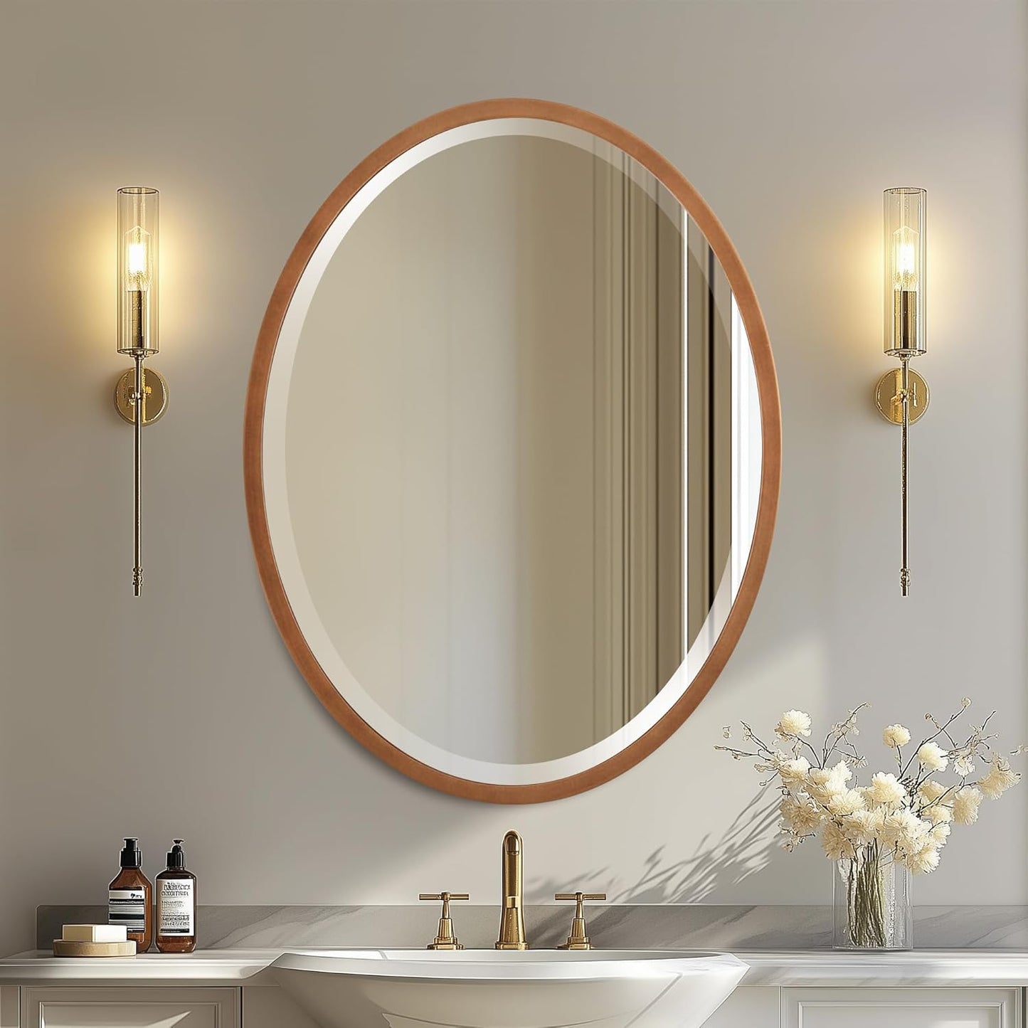 OVALCREST - Oval Wooden Beveled Wall Mirror for Home Decor, Bathroom, Vanity, Bedroom, Living Room, Hallway - London Style (Sunset Gold) 17.1 x 21.1