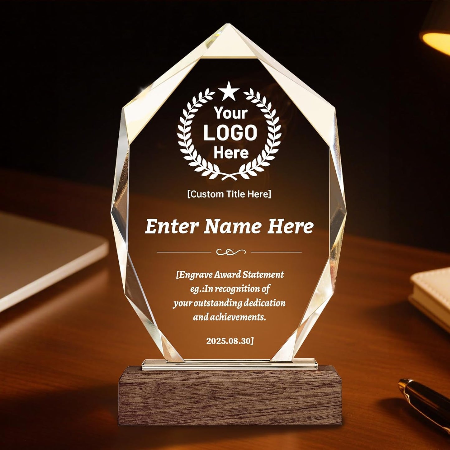 Custom Crystal Trophy Award with Wood Base, Custom Plaque Personalized Engraved with LOGO Text, Employee Appreciation Gift, Retirement Gift for Employee Coworker, Sports Recognition Trophies