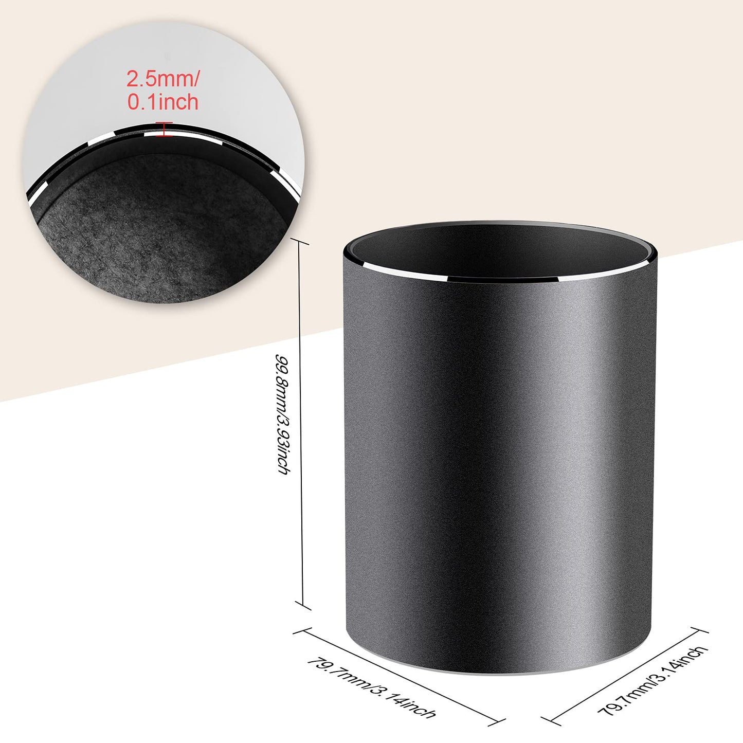 Vaydeer Metal Pen Holder Aluminum Pencil Holder for desk, Round Desktop Organizer and Black Pencil Cup for Office, School, Home and Stationary Supplies (3.15 x 3.15 x 3.94 Inches)