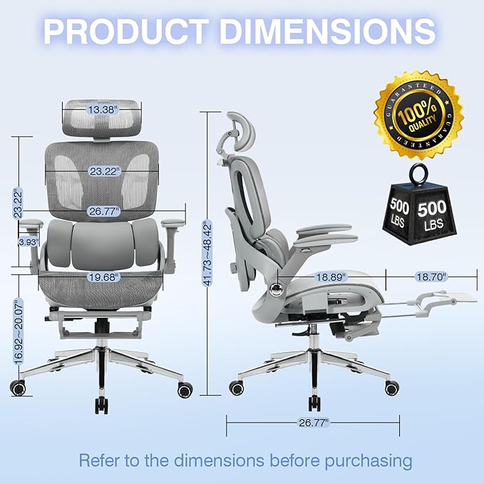 Ergonomic Mesh Office Chair with 4D Armrests, High Back Desk Chair Computer Gaming Chairs with Footrest, Adjustable 3-Zone Dynamic Lumbar Support, Ergonomic Office Chair with Wheels, Gray