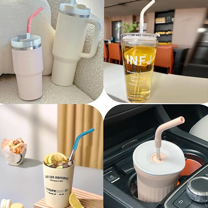 6 Pcs Reusable Silicone Straw Tips with 6 Pcs Clear Plastic Straws Compatible with Stanley 40/30 oz Cup Tumbler 8mm Drinking Long Straws with Flex Elbow Silicone Covers, 1 Cleaning Brush