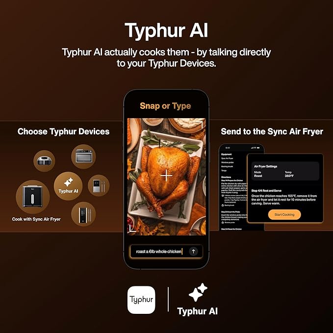Typhur Sync 8QT AI Smart Air Fryer with Built-in Wireless Meat Thermometer, 9-in-1 XL Non Toxic Ceramic Airfryer, 450°F Max, Cooks 6lb Whole Chicken, Quiet & Dishwasher Safe, 120V