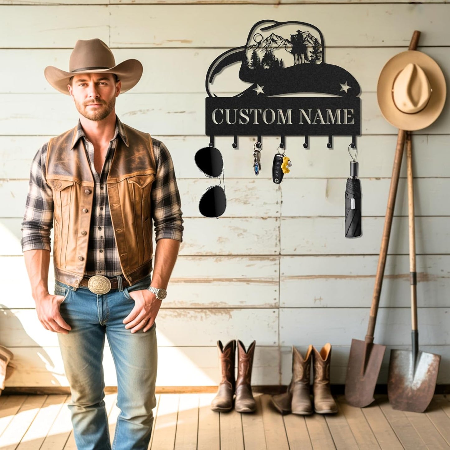 Personalized Key Holder for Wall, Custom Metal Cowboy Key Hooks with Name, Meta Jacket Holder Hooks Organizer Rack, Jacket Hanger Decor for Kitchen, Entryway, Hallway, Office, Doorway