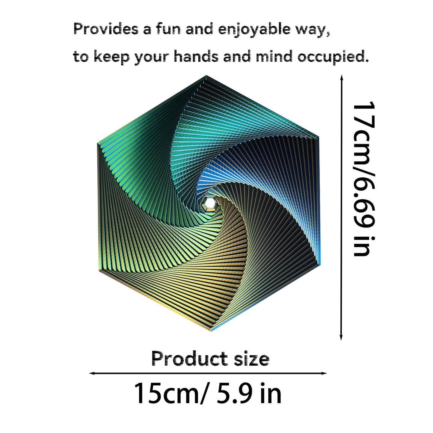 Fractal Fidget Hexagon, Kinetic Desk Spinning Toy, 35 Circles、5.9x6.69in, Used for Anxiety Disorder ADHD, Adult Office Visual Illusion fingertip Toys, 1 pc (Yellow-Blue-Green)