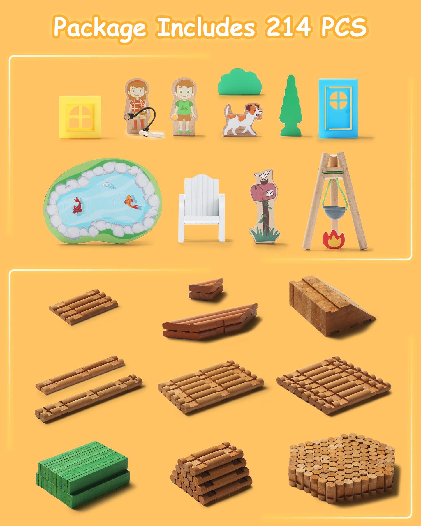 SainSmart Jr. 214 PCS Wooden Logs Cabin Set Ages 3, Building Log Gift for Boy/Girl, Creative Construction Engineering Educational Toy, Vacation Chalet