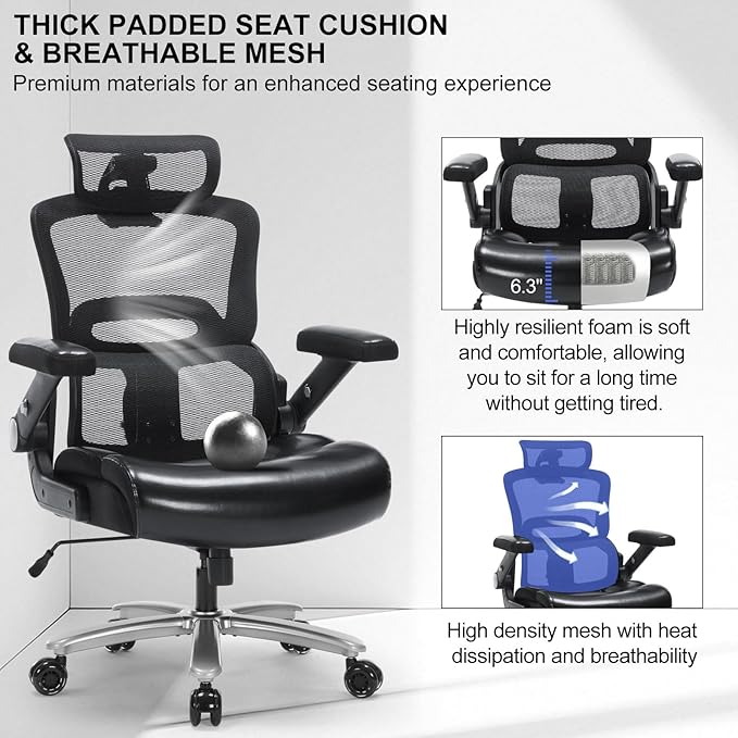 Big and Tall Ergonomic Office Chair 500lbs,High-Back Mesh & PU Leather Chair with 3D Headrest,3D Armrests, Adjustable Lumbar Support,Wide Seat Heavy Duty Executive Cpmputer Chair,Black