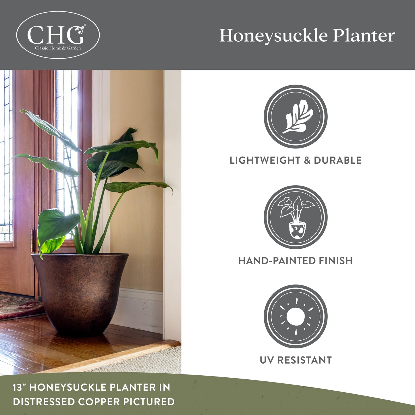 Classic Home and Garden by Growscape Honeysuckle Resin Planters - Lightweight Indoor & Outdoor Plant Pots - UV-Resistant Plastic Flower Pots - Pot Planters for Flowers & Herbs (15" Ocean Blue)