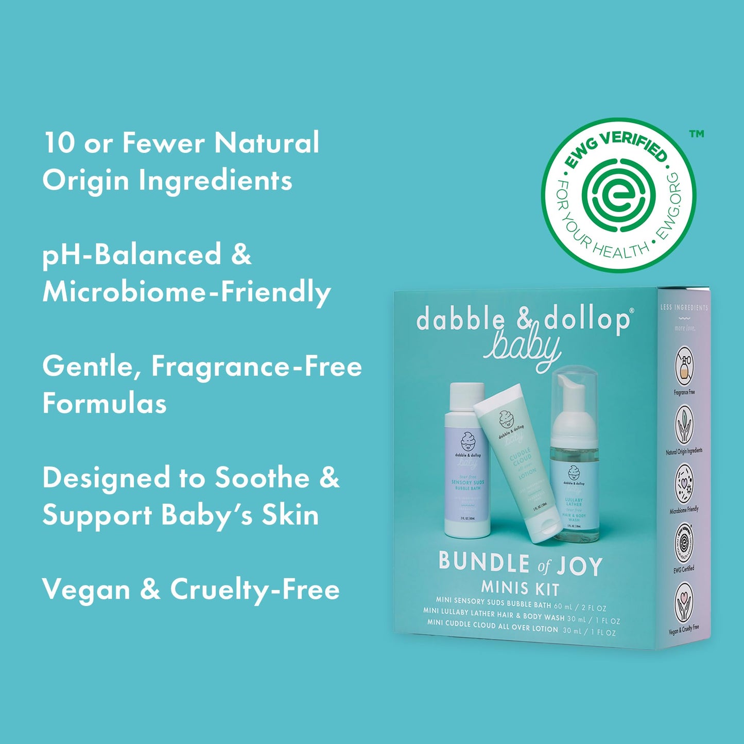 Dabble & Dollop Baby Minis Kit – Fragrance-Free, Tear-Free Shampoo & Body Wash, Bubble Bath and All Over Lotion, Travel Size Baby Toiletries or Gift Set for Newborns & Sensitive Skin