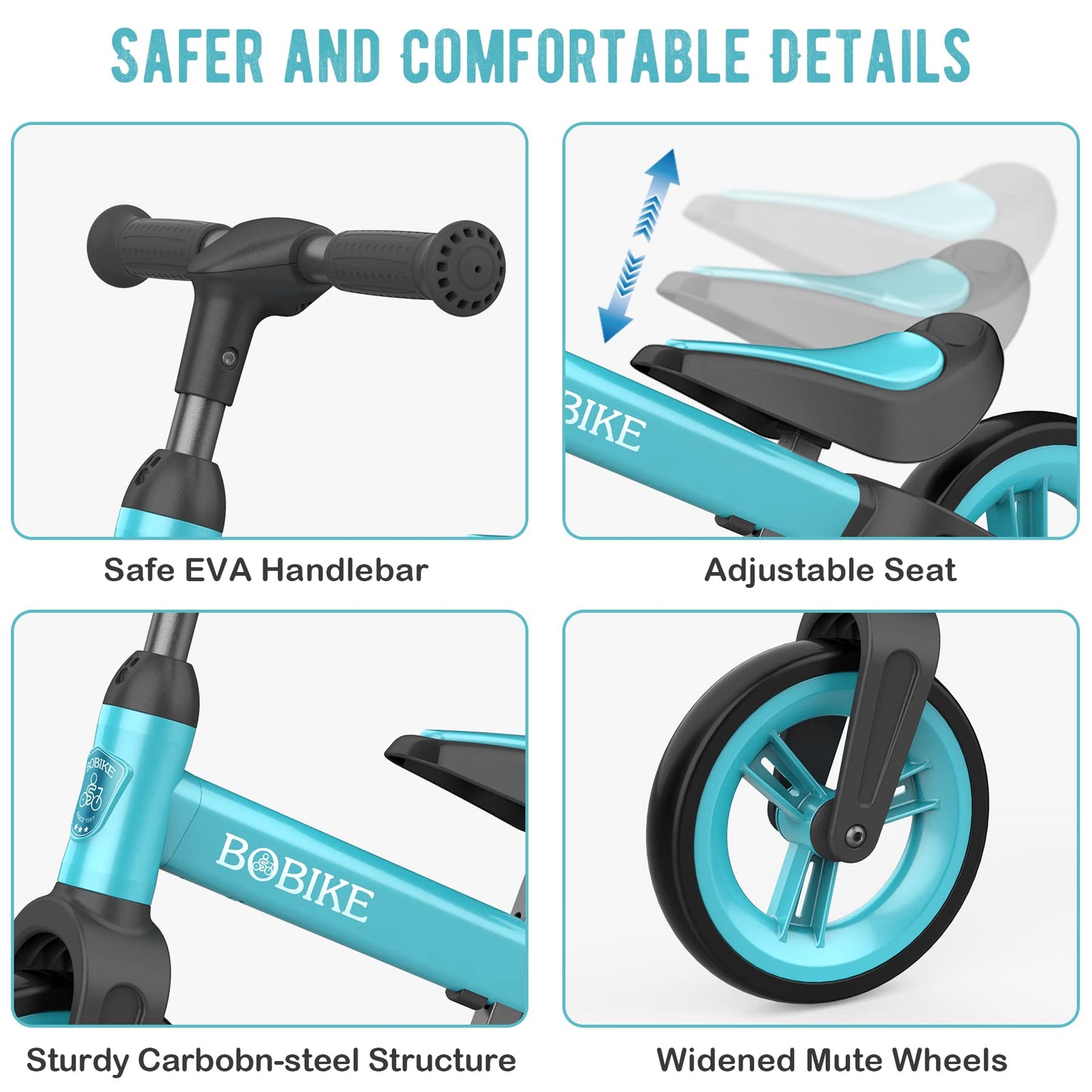 Bobike Toddler Balance Bike Toys for 1 to 3 Year Old Girls Boys Adjustable Seat and Handlebar No-Pedal Training Bike Best Gifts for Kids (Blue)