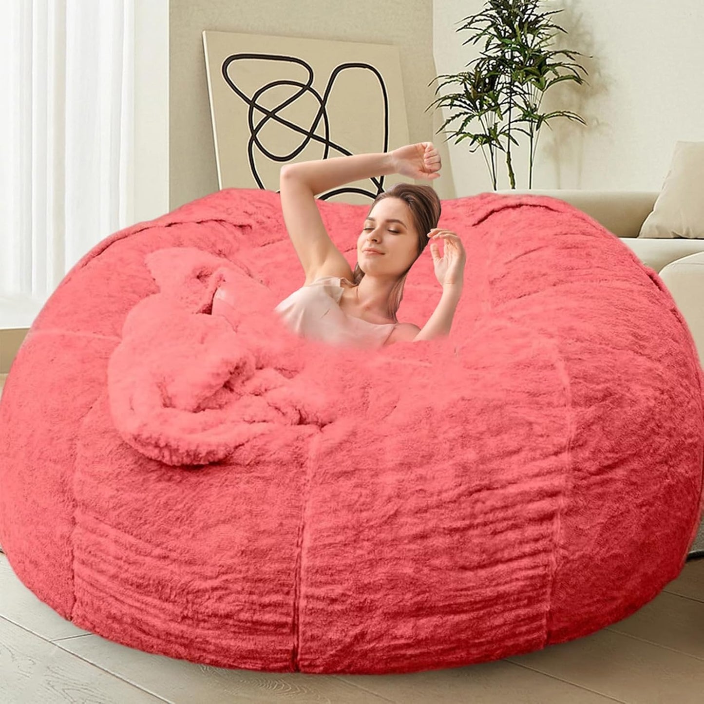 Bean Bag Chairs for Kids Comfy Fluffy Big Joe Bean Bag Chair Cover Without Filler Round Sofa Chairs for Bedroom Living Room Decor, 5FT, Rose Red