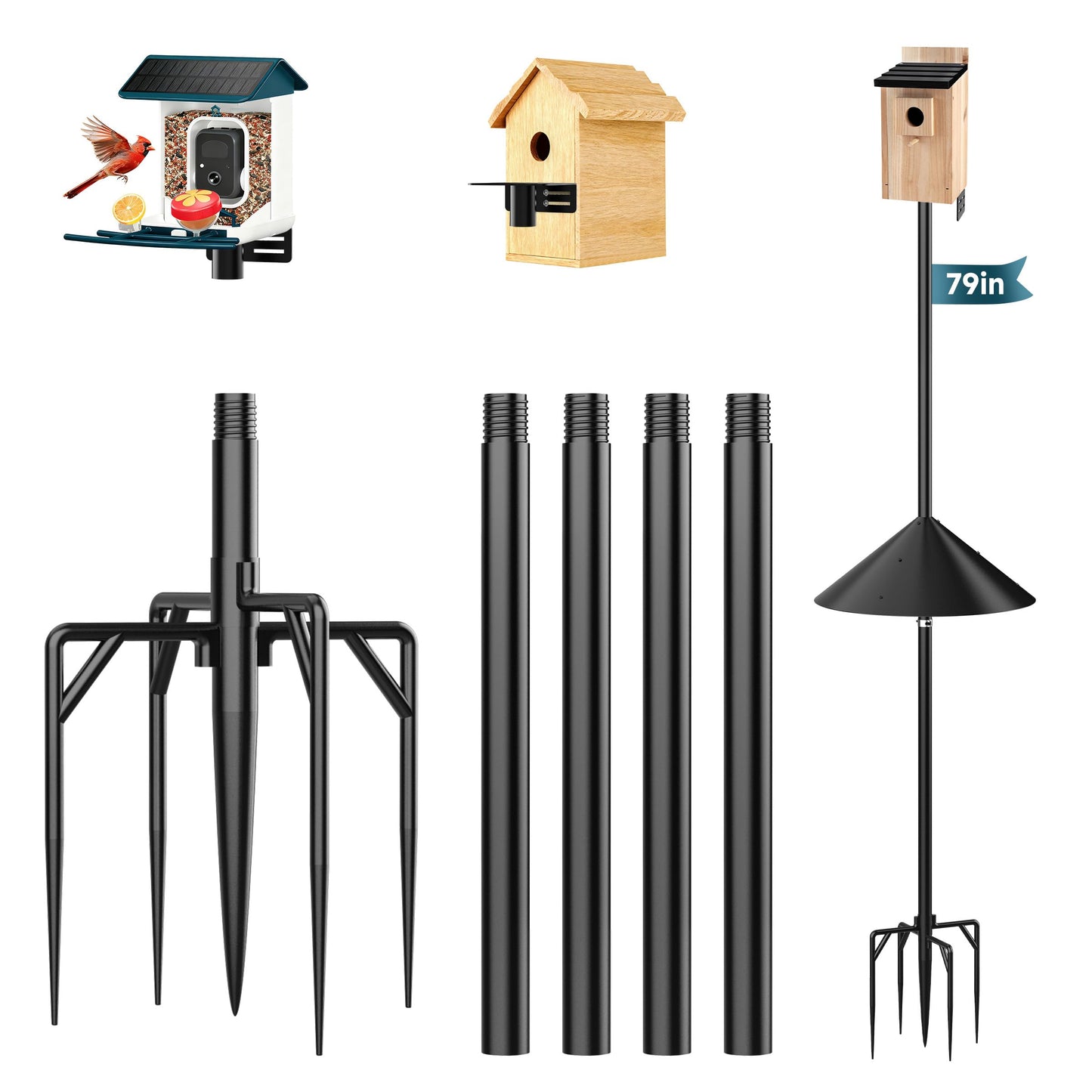 Uoveya Smart Bird Feeder Pole Stand with Proof Squirrel Baffle - Dia 1 Inch Bird House Pole 79", Feeding Station for Outdoors Heavy Duty, Compatible Post Mount