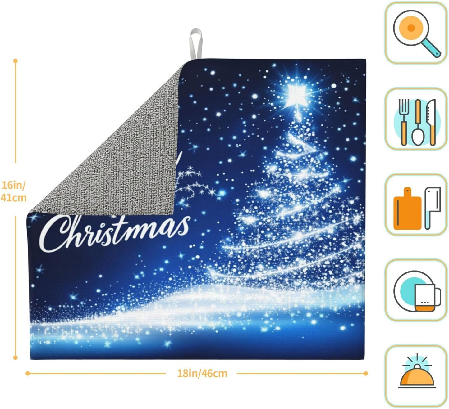 Dish Drying Mat for Kitchen Merry Christmas Blue Tree Counter Absorbent Dishes Drainer Microfiber Small 16x18 Inch