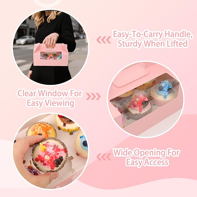 FORBFAN 50 Pcs Cupcake Boxes with Handles, 6 Count Muffin Boxes with Window, and Inserts, Cupcake Holders Bakery Carrier Boxes for Cookies Treats Dessert
