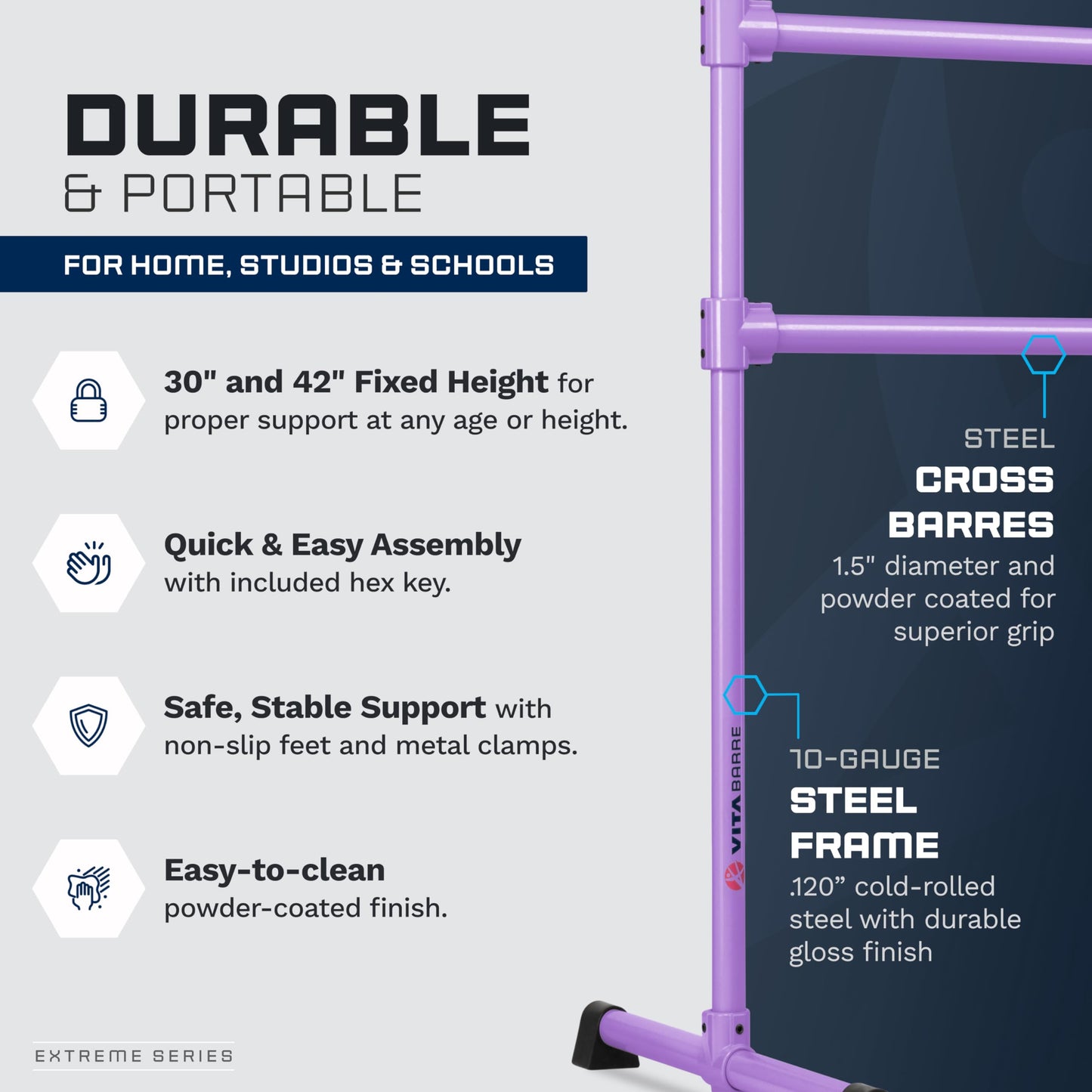 VITA Barre Portable Freestanding Double Ballet Barre, Extreme, 7 Ft Bars, Purple, Steel | Fixed Height, Made in USA, Home or Gym Exercise Equipment for Kids & Adults | Dance, Fitness, Pilates
