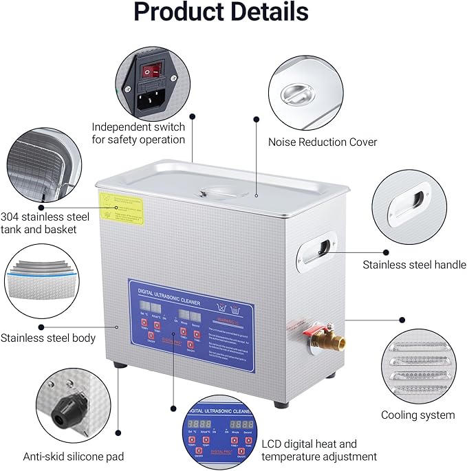 6.5L Professional Ultrasonic Cleaner | Commercial 40kHz with Digital Timer & Heater | for Jewelry, Watches, Eyeglasses & Small Parts Cleaning