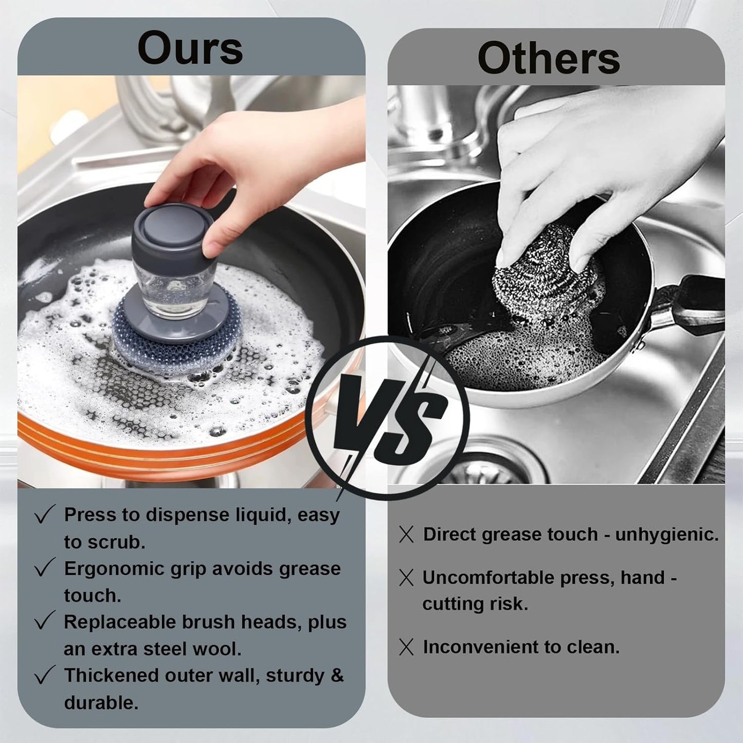 Dish Scrubber with Soap Dispenser, Steel Wool Scrubber with Replaceable Steel Wool, Transparent Cleaning Solution Reservoir, Cast Iron Cleaning Kit with Cast Iron Scraper for Cleaning Pans, Grills