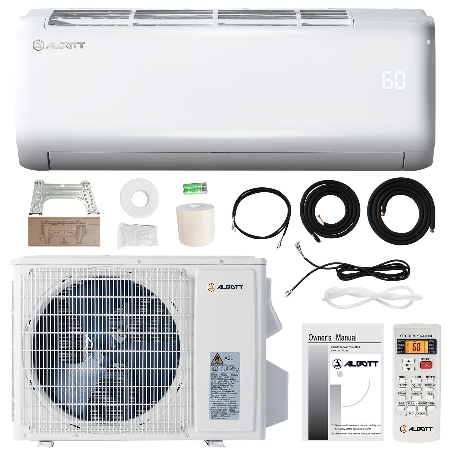Albott 24000 BTU Mini Split Air Conditioner and Heat Pump, Ductless Inverter System, SEER2 19, 220V, Cools & Heats Rooms up to 1