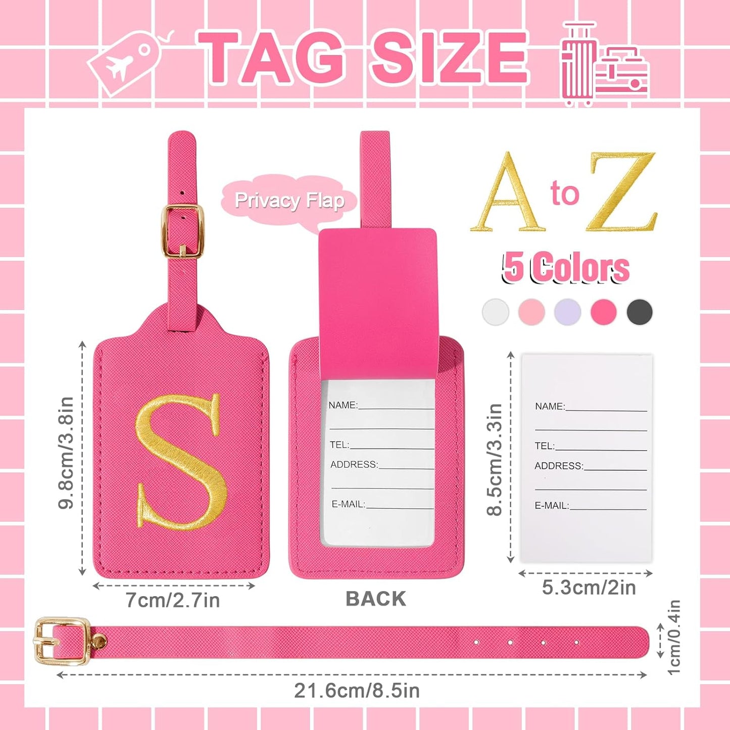 Personalized Initial Luggage Tags for Suitcase, Rose Red Leather Cute Luggage Tags with Privacy Cover Name Card, Embroidered Custom Monogram Luggage Tags Travel Backpack Tag Gifts for Women Kids(S)