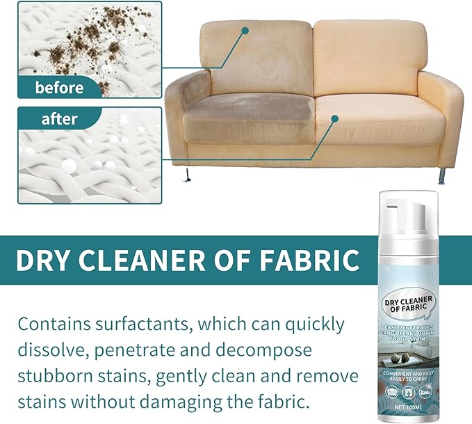 Fabric Foam Cleaner, No-Rinse Quickly Lifts Stains & Dirt, Deep Clean,Deeply Penetrates Water Safe Fabric & Fibers of Upholstery, Clothing, Couches, Car Seats, Rugs & Carpeting