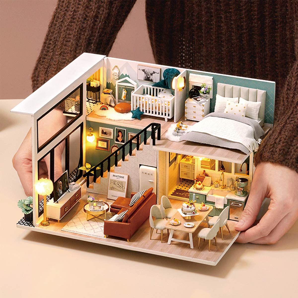 GuDoQi DIY Miniature Dollhouse Kit, Tiny House with Furniture and Music, 1:24 Scale, Great Crafts Gift for Birthday Christmas Day, Comfortable Life