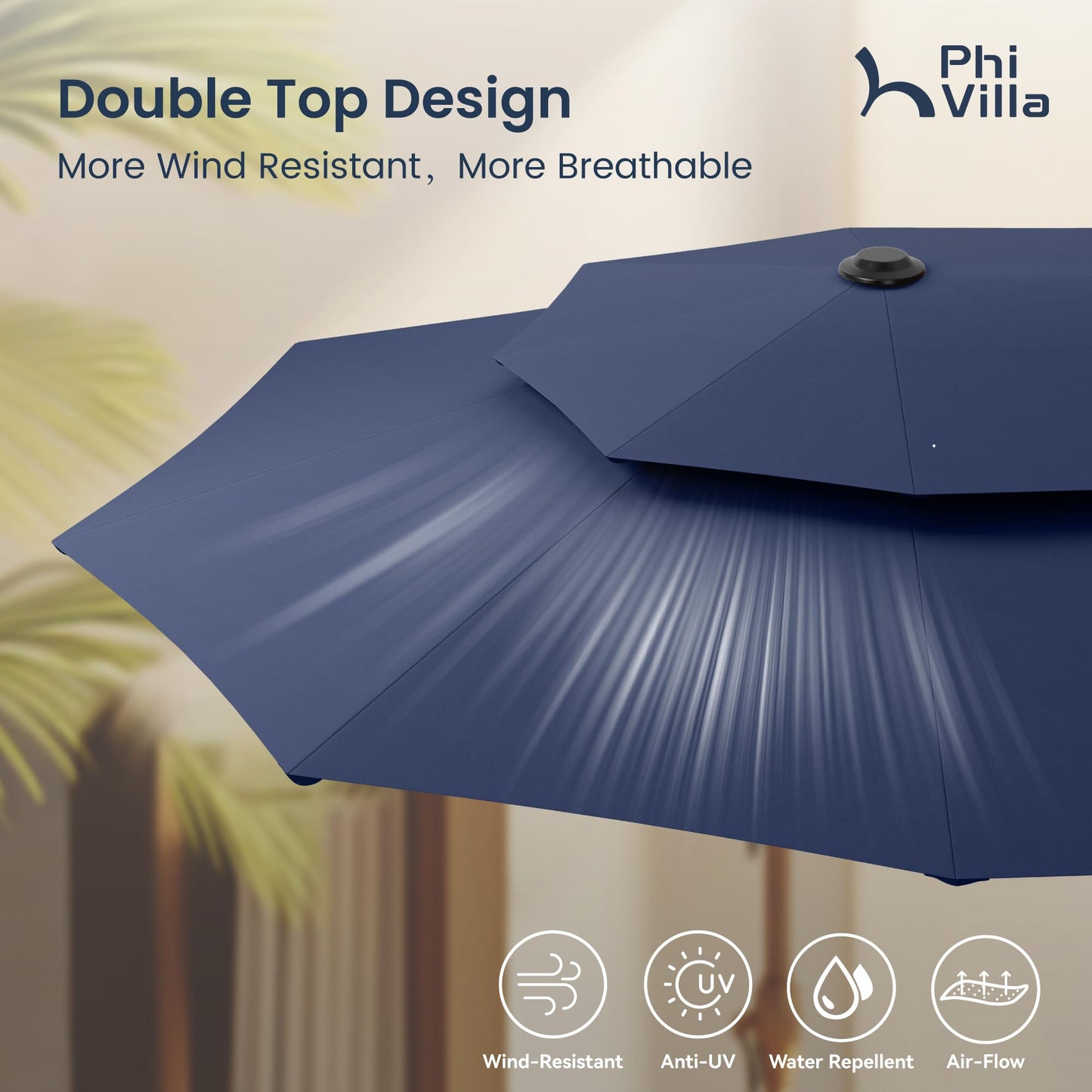 PHI VILLA 13ft Large Patio Umbrellas with Base Included, 2-Tier Double-Sided Outdoor Market Rectangle Umbrella for Outside, Blue