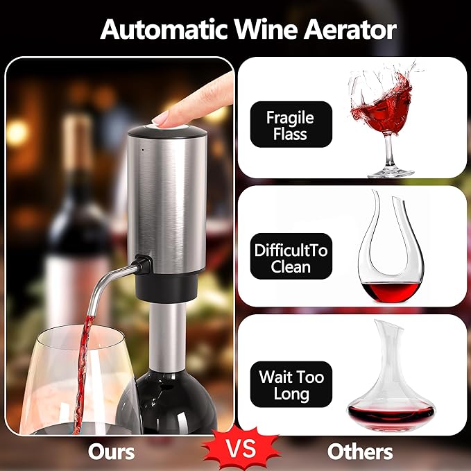 Electric Wine Decanter, Rechargeable Automatic Wine Aerator Wine Dispenser with Foil Cutter, Wine Stopper, Type-C Charging One Touch Wine Pourer for Home Party Wedding, Stainless Steel