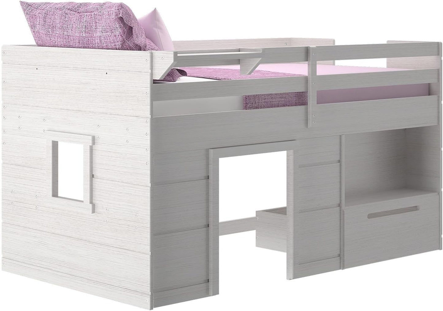 Max & Lily Loft Bed Twin Size, Solid Wood Low Loft Bed with Storage Drawer and Ladder, Modern Farmhouse Loft Bed for Kids, White Wash