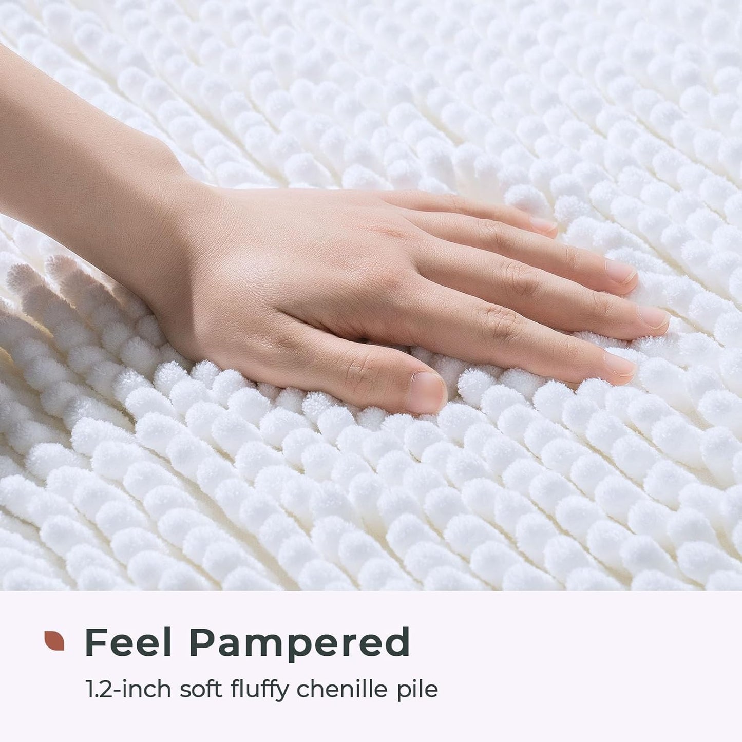 FRESHMINT Chenille Bathroom Rugs Mat 32”x20”, Non-Slip Bath Mat for Bathroom Floor & Bathtub, Washable Soft Shower Shag Bath Rugs, Durable Fluffy Thick Water Absorbent Microfiber Shower Mat, White