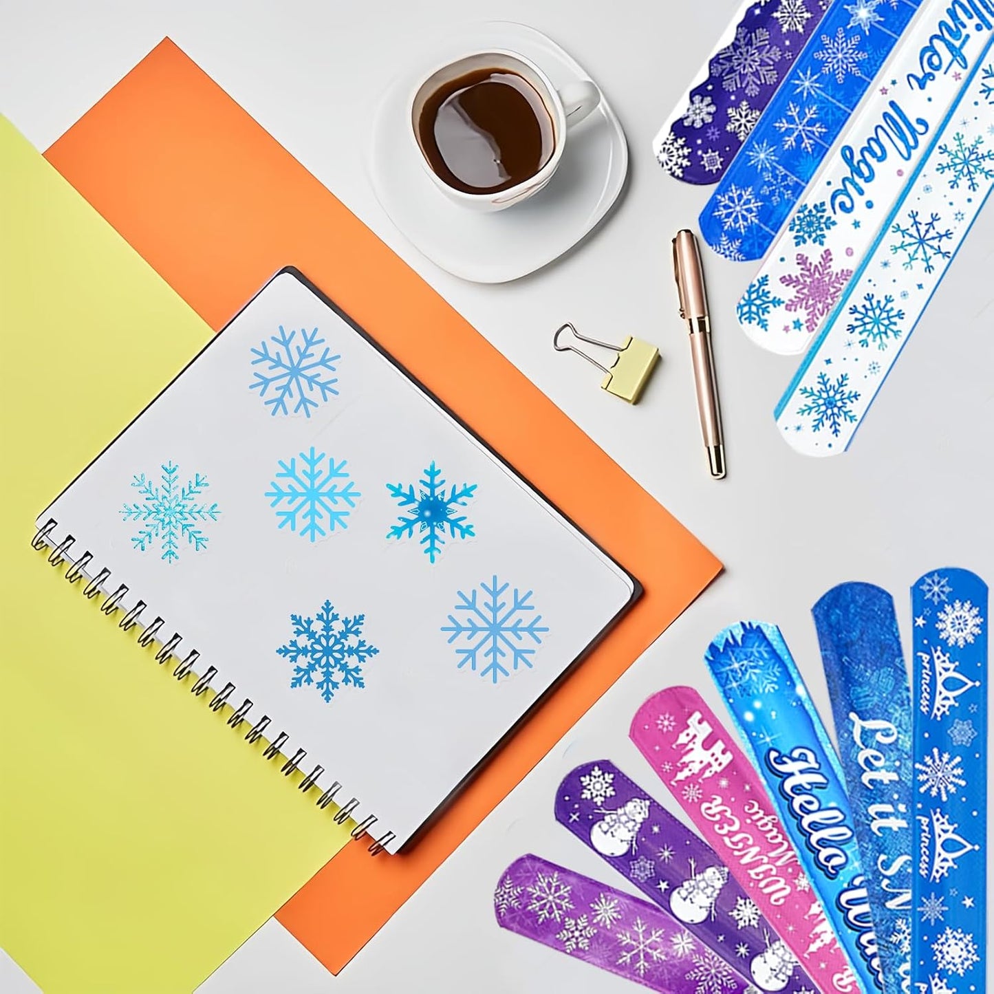 74Pcs Snowflake Theme Party Favors Contain 24 Pcs Snowflake Theme Slap Bracelets 50Pcs Snowflake Theme Stickers, Ice and Snow Theme Birthday Party Decorations,Classroom Rewards Supplies.