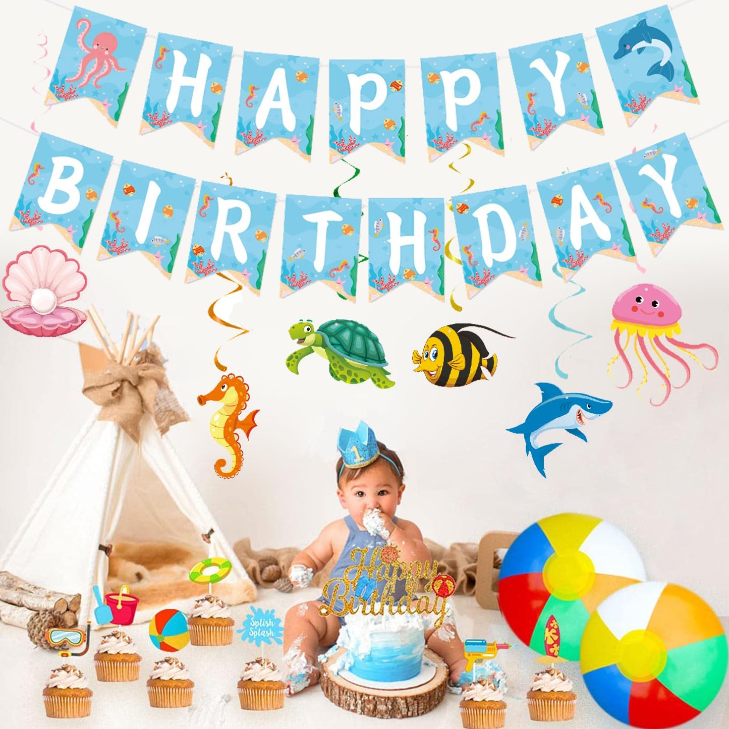 Zwiebeco Sea Animals Happy Birthday Party Decoration Banner Bunting Garland Hanging Paper Swirls Kit for Ocean Under The Sea Animals Marine Life Themed Boys Girls Kids Accessories Supplies