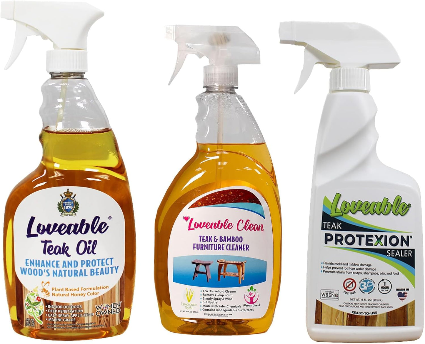 EcoDecors Protective Bundle – Loveable Teak Conditioning Oil, Teak Furniture Cleaner, and Protexion Teak Sealer Spray Bottle